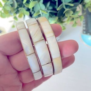 Set of 3 white mother of pearl MOP inlay brass bangle bracelets 8”